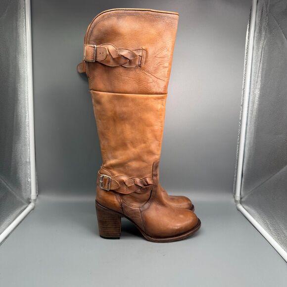 Freebird Braxton Women's 9 Brown Leather Tall Riding Boots Side Zip Block Heel - Picture 1 of 12